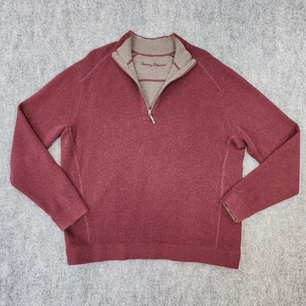 Tommy Bahama Sweater Mens XL Red Brown 1/4 Zip Reversible Mock Neck Pullover